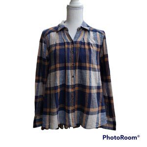 Free People Peppy in Plaid Button up shirt Blue/tan Hi/Lo Ruffle Back  S…